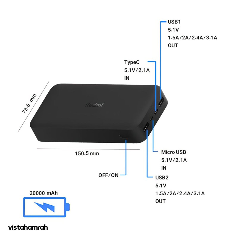 پاوربانک شیائومی مدل Redmi PB200LZM ظرفیت 20000 میلی آمپر ساعت گلوبال به همراه کابل تبدیل microUSB