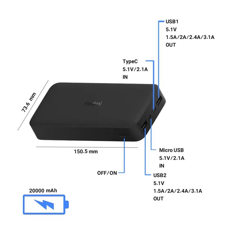 پاوربانک شیائومی مدل Redmi PB200LZM ظرفیت 20000 میلی آمپر ساعت گلوبال به همراه کابل تبدیل microUSB