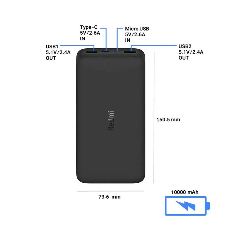 پاوربانک شیائومی مدل Redmi PB100LZM ظرفیت 10000 میلی آمپر ساعت نسخه گلوبال